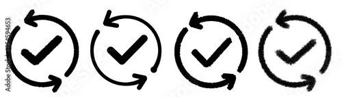 Update icon set with rotating check marks and refresh arrows, representing workflow cycles and system processes.