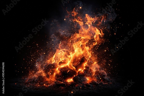 Fiery Explosion with Embers and Smoke in Dark Background