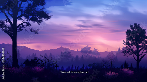 Sunset view over hills with trees in remembrance at quiet location
