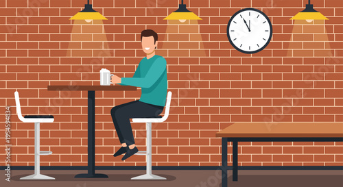 Man enjoying a glass of beer while sitting alone at a high table in a modern bar with industrial brick walls and hanging lamps.