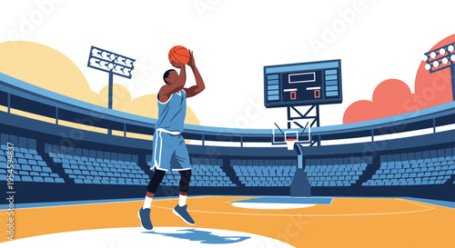 Professional basketball player aiming for a shot during a game in a large stadium with a scoreboard and arena seating lights.