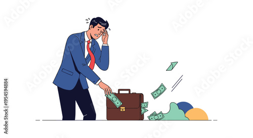 Stressed businessman looking worried as cash falls out of his open briefcase, suggesting financial loss or economic crisis.