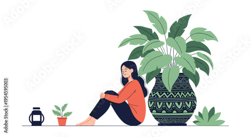 Young woman sitting peacefully on the floor leaning against a large decorative potted plant in a moment of quiet meditation and self care.