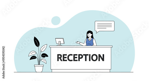 Professional female receptionist standing behind a modern white reception desk in a business lobby waiting to greet visitors.