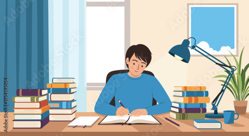 Dedicated student sitting at a wooden desk surrounded by stacks of books while diligently writing in a notebook under a lamp.