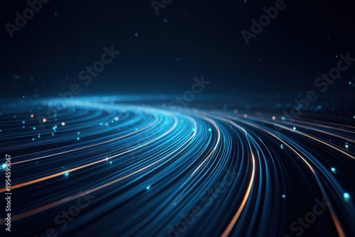 Abstract Blue Light Streaks Flowing Through Dark Space with Glowing Particles