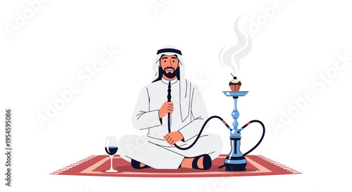 Traditional scene showing an Arab man sitting on an ornamental rug while smoking a hookah and enjoying a cup of coffee or tea.