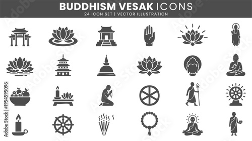 Buddhism Vesak spiritual celebration icons vector set