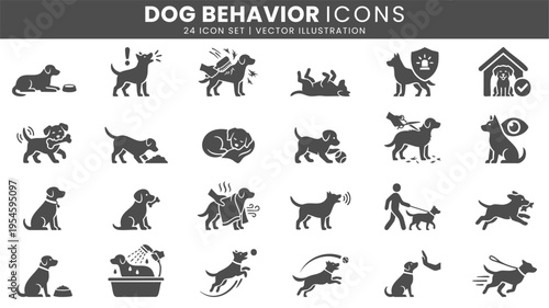 Dog behavior and pet training icons vector set