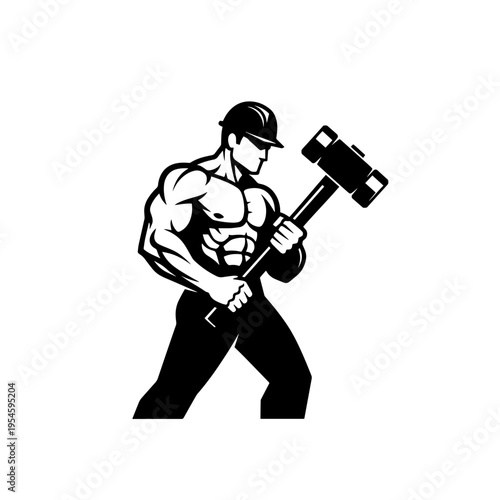 Powerful and Determined Graphic Illustration of a Muscular Worker with a Sledgehammer Icon for Industrial Labor and Strength Concepts