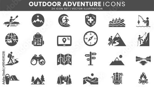 Outdoor adventure travel expedition icons vector set