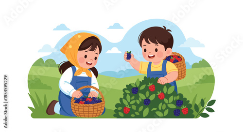 Two happy young children picking fresh raspberries and blackberries from a bush in a green field under a cloudy blue sky.