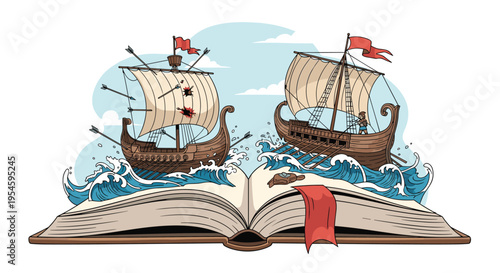 Creative illustration of two ancient wooden ships with sails and flags emerging from the pages of an open historical book.