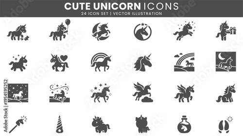 Cute unicorn fantasy magical icons vector set