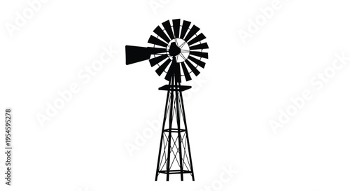 Vintage windmill farm structure depicted in a striking black silhouette