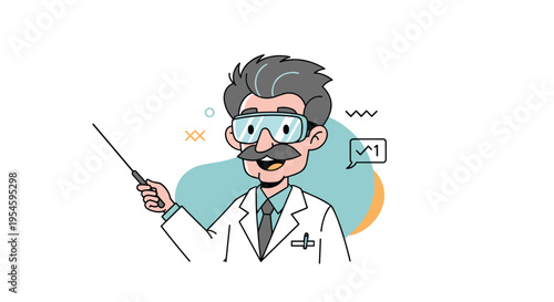 Knowledgeable scientist or elderly professor wearing a lab coat and safety goggles while pointing with a wooden stick during a lecture.