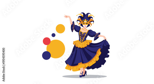 Elegant woman wearing a fancy blue and yellow carnival dress and a decorative mask, posing gracefully at a masquerade ball.