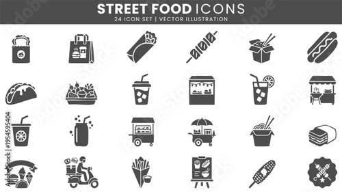 Street food snack cart icons vector set