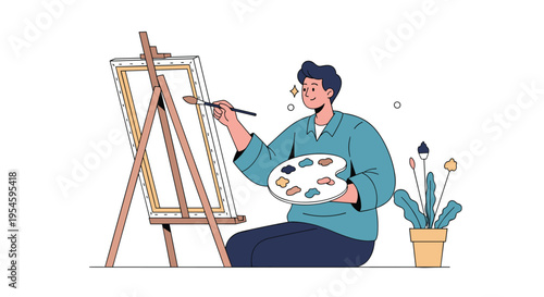 Creative male artist sitting and painting a colorful landscape on a canvas using a palette and brushes in his bright art studio.