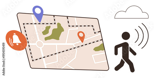 Location tracking, navigation, geofencing, travel alerts, walking directions, route planning. Map with pins and notification bell, walking icon with signals. Navigation and location tracking