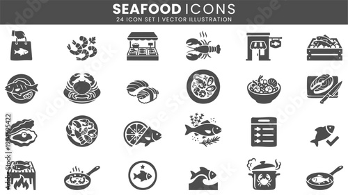 Seafood market cuisine icons vector set