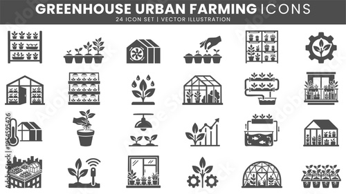 Greenhouse urban farming icons vector set