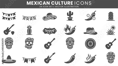 Mexican culture fiesta symbols icons vector set