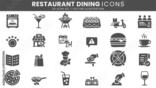 Restaurant dining service and menu icons vector set