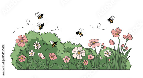 Multiple honey bees fly around a flowering green bush collecting pollen from beautiful pink and white garden blossoms.