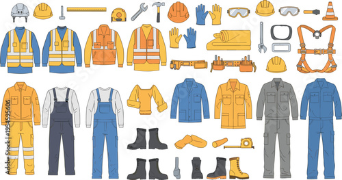 Construction Worker Safety Uniform Vector Set Featuring High Visibility Vests Safety Harness Overalls Hard Hats Boots Protective Gear and Professional Engineering Workwear Isolated on White Background