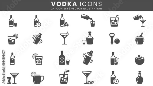 Vodka drink cocktail and bottle icons vector set