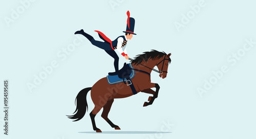 Skillful circus performer in traditional costume executes an acrobatic trick while riding a brown horse in a show.