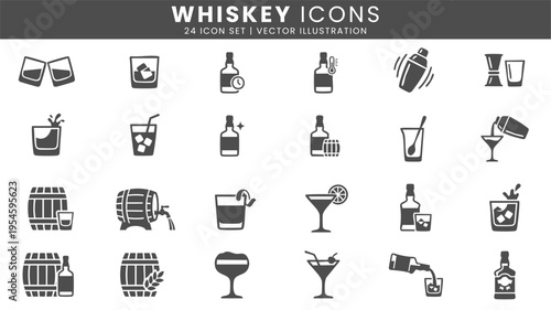 Whiskey drink bar and cocktail icons vector set