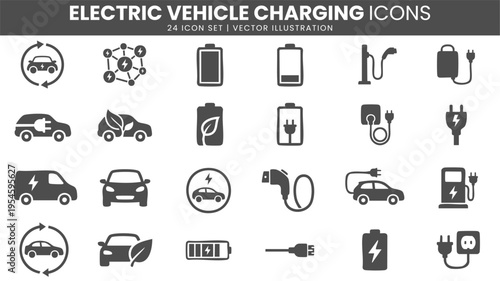 Electric vehicle charging battery icons vector set
