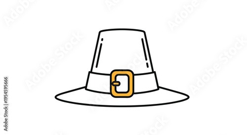 Simple black and white line art illustration of a traditional pilgrim hat featuring a wide brim and a gold buckle.