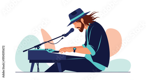 Talented musician with long hair and a hat plays a digital keyboard and sings into a microphone during a performance.