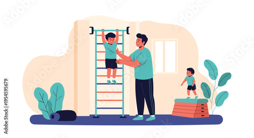 Caring father assists his young son in climbing a wall ladder during a fun physical activity session at an indoor gym.