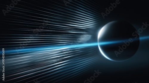 Abstract Digital Sphere With Blue Light Streaks And Light Particles On Dark