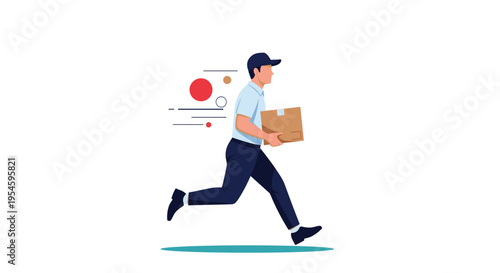 Fast delivery man runs at high speed while carrying a cardboard parcel box to ensure a quick and efficient service.