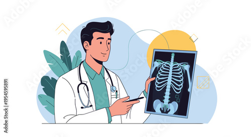Professional male doctor in a white medical coat holds and explains a chest X-ray image showing the human rib cage.