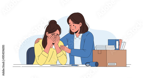 Compassionate woman comforts her crying friend at an office desk during a difficult emotional moment at work.