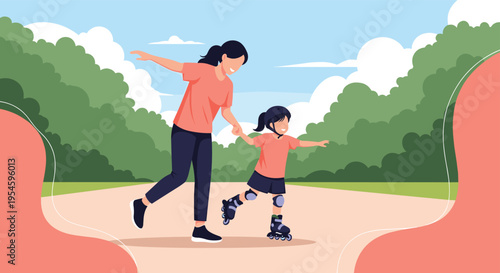 Active mother and daughter wear protective gear and roller skate together on a paved path in a beautiful green park.