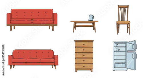 Assorted set of home furniture and appliance icons including sofas, a table with a kettle, and an open fridge.
