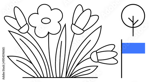 Nature , floral design, eco concepts, spring decor, minimalism, modern art. Linear flowers, tree and a blue flag. Nature themes and floral design concept