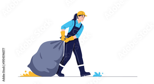 Female sanitation worker in protective gear and overalls drags a heavy grey garbage bag across a white surface.