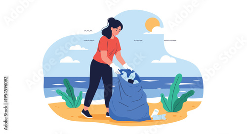 Dedicated woman picks up plastic waste and bottles on a sunny beach to protect the ocean environment and marine life.