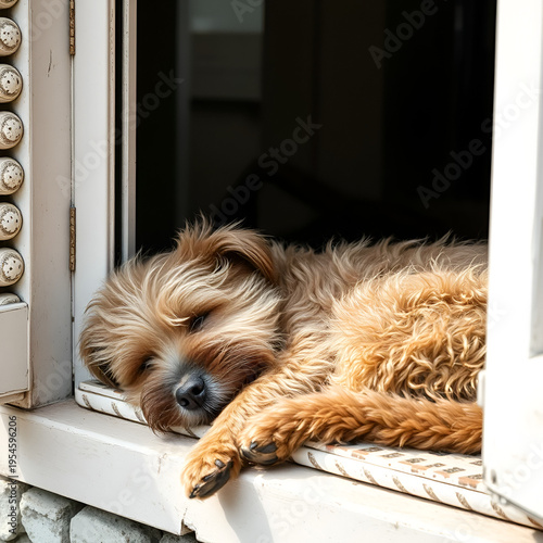 perro mascota durmiendo descansando al lado de un ventanal adorable amigable relajado