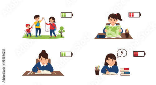 Concept illustration shows four students with different battery levels reflecting their energy and focus during study.