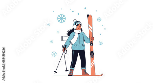 Young woman in a blue winter jacket and white scarf holds her skis and poles while snow falls around her.
