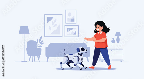 Young girl in a red shirt interacts with a white robotic dog in a modern living room setting with soft blue tones.